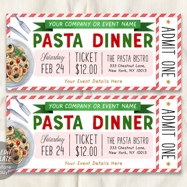 Pasta Dinner Event Ticket Editable Template, Spaghetti Dinner Coupon, Italian Pasta Dinner, PTO PTA School Fundraiser Event Church Charity