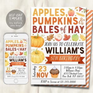 May include: A digital invitation template featuring the text APPLES, PUMPKINS & BALES OF HAY, JOIN US TO CELEBRATE WILLIAM'S 5TH BIRTHDAY, 23 NOV, and event details. The design includes watercolour illustrations of pumpkins, apples, and leaves.