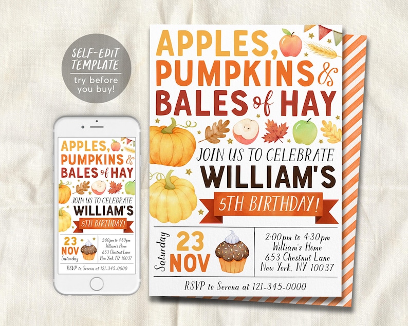 Apple and Pumpkins Birthday Invitation Editable Template