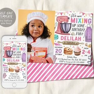 Baking Birthday Party Invitation With Photo Editable Template, Girl Chef Baking Party Invite, Pink Kids Cooking Party Evite, Cupcake Cookies
