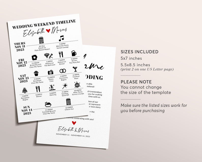 Editable Wedding Weekend Timeline Template DIY Destination | Etsy