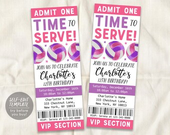 Volleyball Birthday Ticket Invitation Editable Template, Girl Volleyball Time To Serve Party Invite, Kids Sports Game Day Tournament Evite