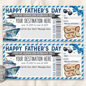 Modèle modifiable de billet de carte d'embarquement de croisière de fête des pères, bon-cadeau de bateau de croisière surprise pour papa, révélation de voyage de billet de voyage de vacances