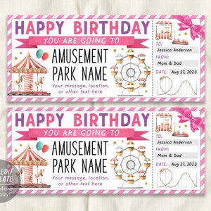 Amusement Park Ticket Editable Template, Surprise Birthday Theme Park Gift Voucher For Kids, Carnival Day Trip Gift Certificate Last Minute