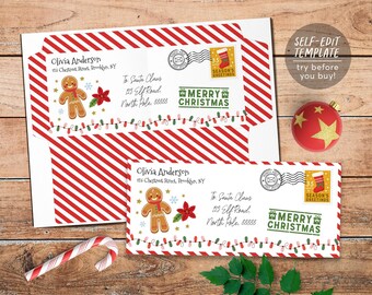 Op de afbeelding: Een kerstenvelop-sjabloon met rode en witte diagonale strepen, een illustratie van een peperkoekmannetje, een kerstster en kerstverlichting. De tekst luidt Olivia Anderson, To Santa Claus, 123 Elf Road, North Pole, 88888 en Merry Christmas.