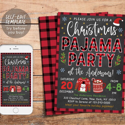 Christmas Pajama Party Invitation Editable Template Kids Xmas - Etsy