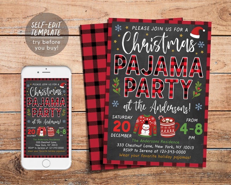 May include: A printable invitation for a Christmas pajama party. The invitation features a red and black plaid background with a chalkboard style design. The text reads "Please join us for a Christmas Pajama Party at the Andersons!" with the date and time of the party listed below.