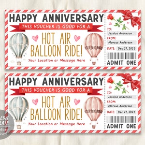 Hot Air Balloon Ticket Editable Template, Anniversary Surprise Hot Air Balloon Gift Certificate Voucher Experience Coupon, Last Minute Gift