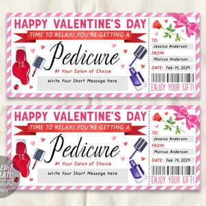 Modèle modifiable de billet de pédicure pour la Saint-Valentin, chèque-cadeau Mani Pedi surprise pour petite amie et femme, bon de réduction pour salon de manucure et spa
