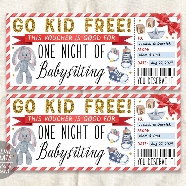 Babysitting Gift Coupon Editable Template, Surprise Babysitter Gift Ticket Voucher, Custom New Mom Certificate Gift Card Kid Free Printable