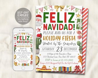 May include: A holiday party invitation template featuring the text FELIZ NAVIDAD! PLEASE JOIN US FOR A HOLIDAY FIESTA, decorated with watercolor illustrations of Santa, cacti, maracas, a sombrero, and gifts on a white background.