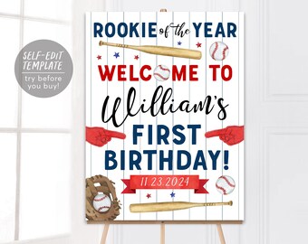 May include: A vertical rectangular sign with a white background featuring thin blue pinstripes. The text reads ROOKIE of the YEAR WELCOME TO William's FIRST BIRTHDAY! 11.23.2024. Graphics include two wooden baseball bats, three baseballs, a glove, and red stars.