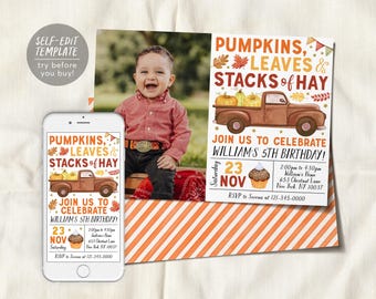 Könnte beinhalten: Eine Geburtstagseinladungsvorlage mit einem braunen Pickup, Kürbissen und Herbstblättern. Der Text lautet PUMPKINS, LEAVES & STACKS OF HAY, JOIN US TO CELEBRATE WILLIAM'S 5TH BIRTHDAY, SATURDAY 23 NOV sowie RSVP-Details.
