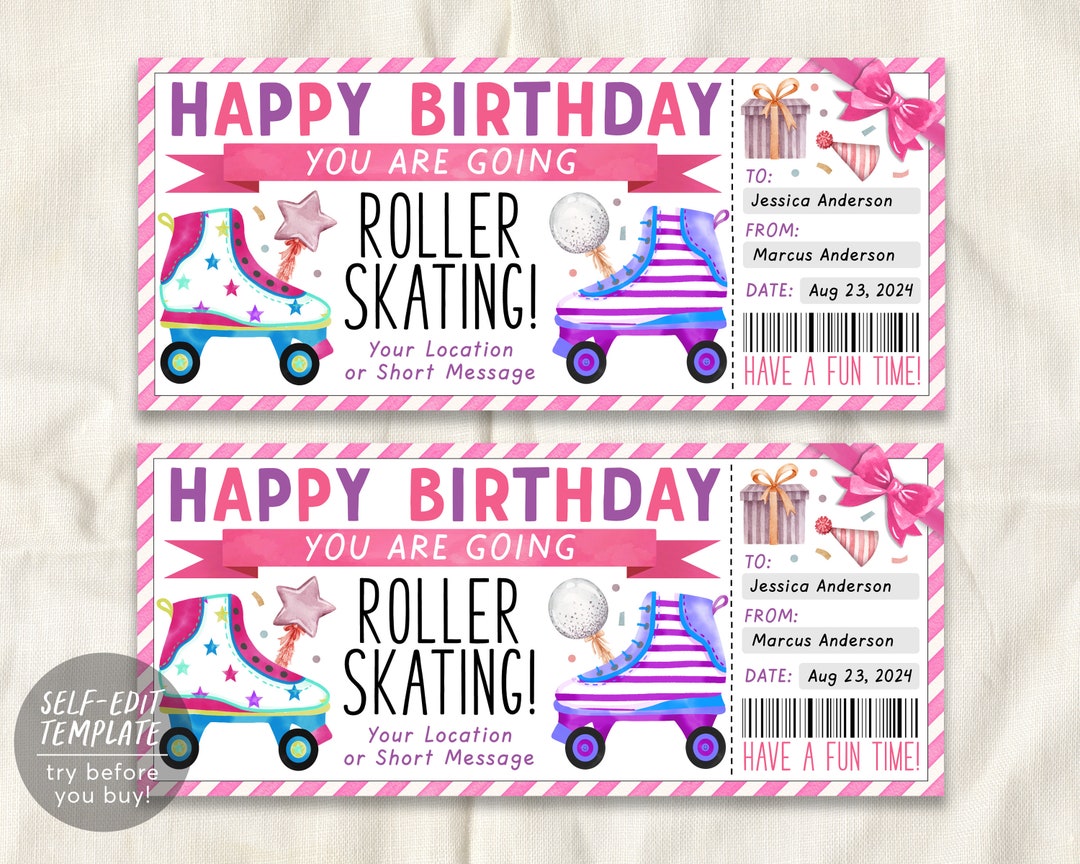 Roller Skating Ticket Editable Template, Birthday Surprise Roller