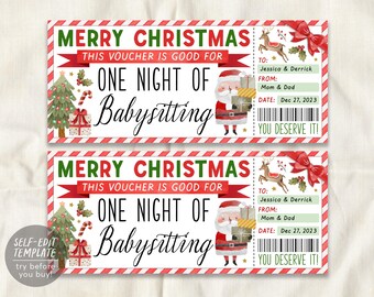 Christmas Babysitting Gift Coupon Editable Template, Babysitter Gift Ticket Voucher, Surprise New Mom Certificate Gift Card Printable