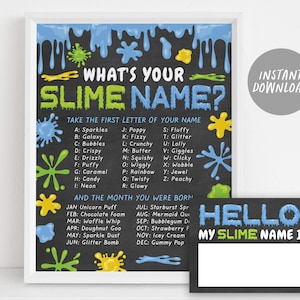 What&#39;s your Slime Name BOY Poster Printable, Slime Party Game Decor Ideas, Slime Game for Kids With Name Tags, Slime Station Sign