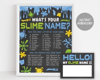 Quel est votre Slime nom BOY affiche imprimable, Slime Party Game Decor idées, Slime jeu pour les enfants avec des étiquettes de nom, Slime Station signe