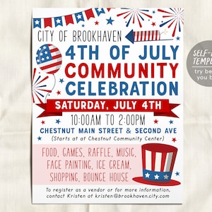 4th of July Community Parade Flyer Invitation Editable Template, Independence Day Neighborhood Block Party Fourth of July Celebration Summer
