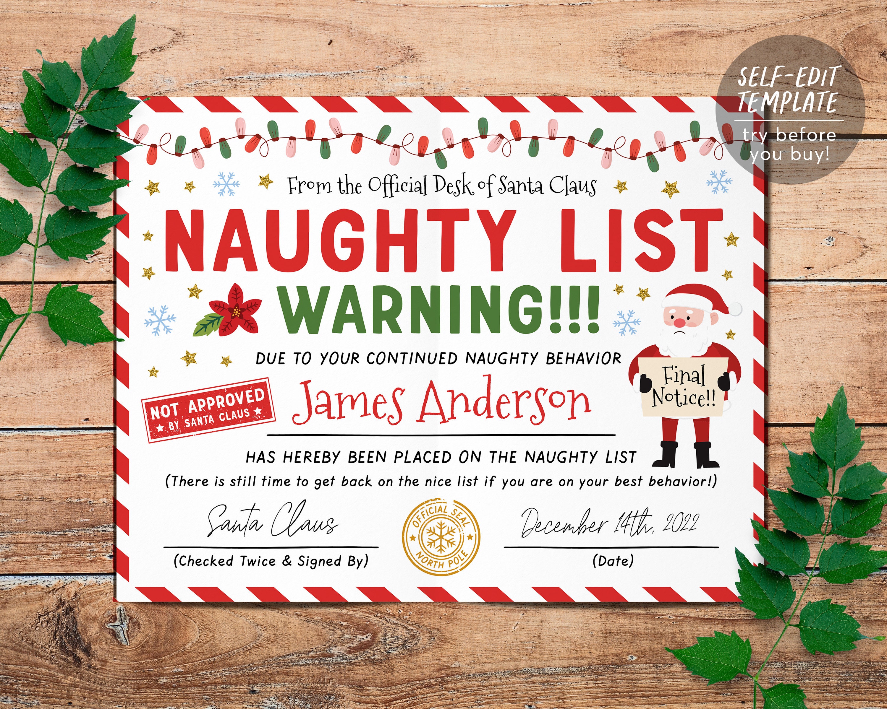 Editable Instant Download Santa Naughty List Certificate, Personalized  Santa Claus Naughty List Warning Letter, Elf Report Card Template 