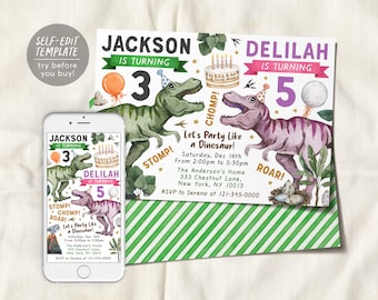 Sibling Dinosaur Birthday Invitation Editable Template, Dinosaur Double Birthday Party Invite, Twins Boy And Girl Joint Party Dino T-Rex