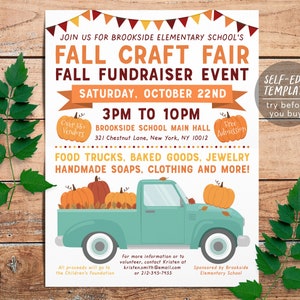 Fall Festival Harvest Flyer Editable Template, Fall Craft Fair Market, Community Church School Fundraiser Event, Autumn Festival, Pumpkins