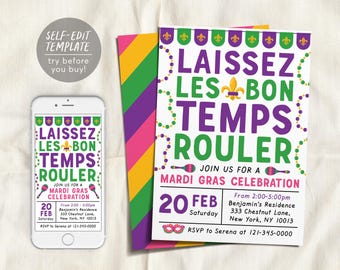 Mardi Gras Invitation Editable Template, Laissez Les Bon Temps Rouler Invite, Fat Tuesday Party Printable, New Orleans Masquerade Party