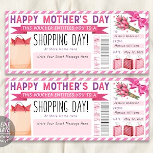 Mothers Day Shopping Spree Gift Certificate Editable Template, Surprise Shopping Day Trip Voucher Ticket For Mom From Daughter Son Ideas