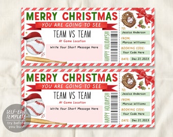 Baseball Game Christmas Gift Ticket Editable Template, Christmas Surprise Sports Game Ticket, Holiday Voucher Gift Certificate Printable