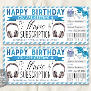 Modelo editável de cartão-presente de assinatura de música, vale-presente surpresa de aniversário para streaming de música, cupom para amantes de música