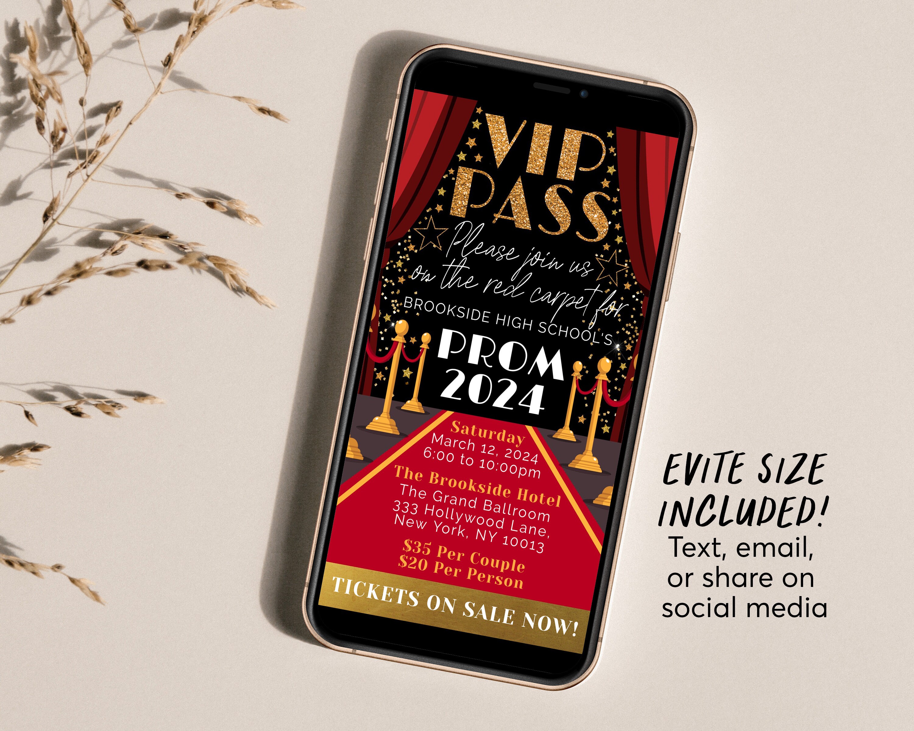 VIP Pass Prom Invitation Editable Template, Red Carpet School Dance ...