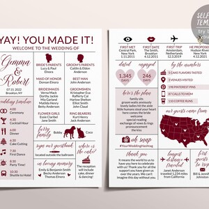 May include: A two-page wedding program template in burgundy and white. The text includes YAY! YOU MADE IT!, wedding timeline, bridal party names, a map of the USA, and statistics like 1,345 days dated and 246 days engaged.