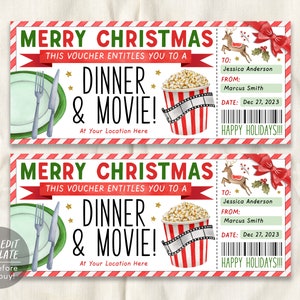 Plantilla editable de vale de regalo para cena de Navidad y película, revelación de certificado de regalo de restaurante de fecha sorpresa, cupón de película navideña