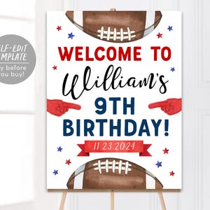Modelo editável de placa de boas-vindas para aniversário de futebol, pôster de primeiro aniversário de novato do ano, pôster de futebol americano, é hora do jogo