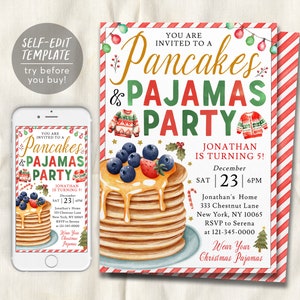 Pancakes And Pajamas Party Birthday Invitation Editable Template, Christmas Breakfast Party Invite, Breakfast with Santa Holiday PJs Brunch