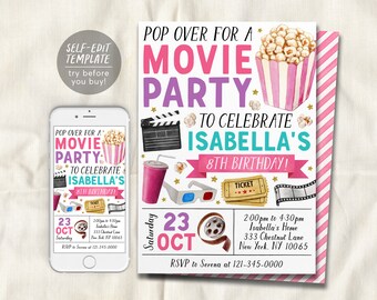 Editable Movie Night Birthday Invitation Girl Pink Cinema Invite ...