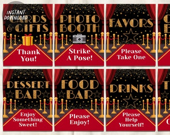 Red Carpet Birthday Baby Shower Prom Signs BUNDLE, Hollywood Theme VIP Access Food Dessert Bar Drinks Photo Booth Thank You Poster Printable