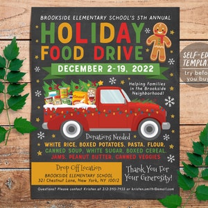 Holiday Food Drive Flyer Einladung bearbeitbare Vorlage, Weihnachts Xmas Food Drive Poster, Non-Profit-Wohltätigkeits-Gemeinschaftsspenden-Veranstaltung