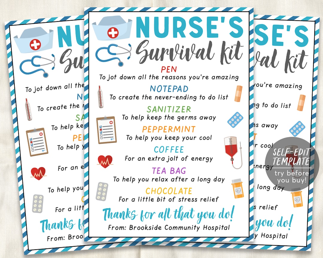 Nurse Survival Kit Gift Tags Editable Template Nurse Appreciation