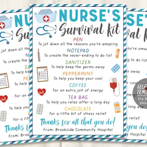 Nurse Survival Kit Gift Tags Editable Template, Nurse Appreciation National Nurses Day Thank You Gifts, Medical Staff Appreciation Week