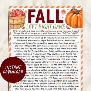 Op de afbeelding: Een printbare spelkaart met een oranje en rode achtergrond. De kaart toont een herfstthema-illustratie met een pompoen en appels. De tekst op de kaart luidt "FALL LEFT RIGHT GAME" en bevat instructies voor een spel waarbij spelers links of rechts bewegen op basis van de tekst.