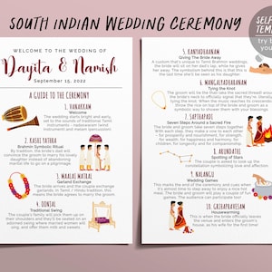 May include: A two-column South Indian wedding ceremony program template titled "Welcome to the Wedding of Dayita & Namish" on September 15, 2022. It lists ten ritual steps with illustrations including musical instruments, a garland, a swing, and a sacred fire.