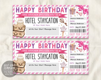 Birthday Hotel Staycation Voucher Editable Template, Surprise Hotel Reservation, Holiday Weekend Getaway Hotel Ticket Gift Certificate