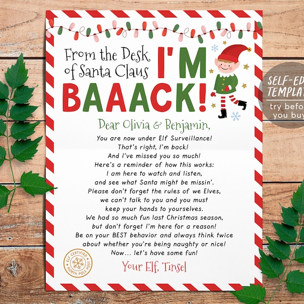 Hello Letter from Elf Editable Template, Christmas We're Back Elf Arrival Note, Elf Visiting Letter Welcome, I'm Back Elf, Christmas Games