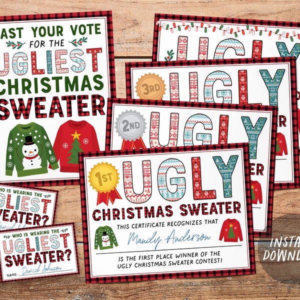 Weihnachten Ugly Sweater Party Dekorationen BUNDLE, Ugly Sweater Contest Zertifikat und Stimmzettel Printables Paket, Gewinner Preis Bänder Dekor