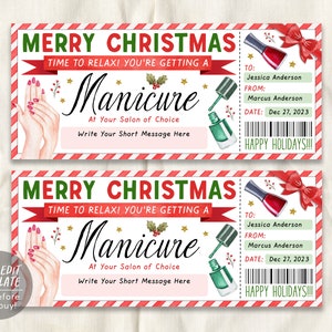 クリスマス マニキュア チケット編集可能テンプレート、サプライズ マニキュア ペディキュア ギフト券、ネイル サロン スパ バウチャー クーポン ホリデー リビール 印刷可能 DIY