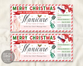 Christmas Manicure Ticket Editable Template, Surprise Mani Pedi Gift Certificate, Nail Salon Spa Voucher Coupon Holiday Reveal Printable DIY