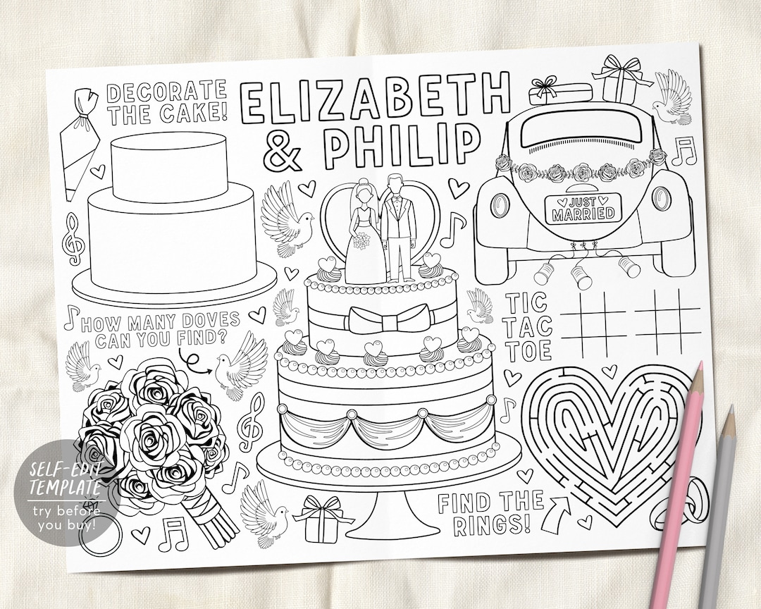 Wedding Coloring Placemat for Kids Editable Template, Personalized ...