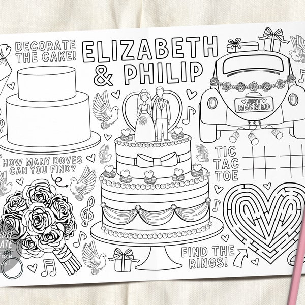 Wedding Coloring Placemat For Kids Editable Template, Personalized Activity Mat Reception Game Sheet Printable, Place Mat Wedding Table