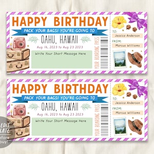 Modèle modifiable de carte d'embarquement de billet d'avion d'Hawaï, voyage d'anniversaire surprise à billet d'avion d'Hawaï, escapade de vacances de plage tropicale révèlent