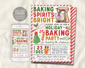 Baking Spirits Bright Invitation Editable Template, Holiday Baking Party Invite Printable, Christmas Cookie Decorating Party Cookie Exchange